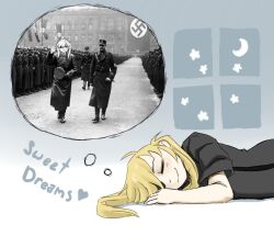  1girl black_overalls black_shirt blonde_hair blush character_request closed_eyes commentary dreaming english_text eyepatch long_hair lying maldraw nazi night on_side original overalls rachel_purity shirt short_sleeves sleeping smile swastika untranslatable_commentary world_war_ii 