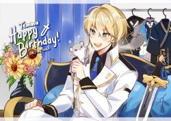  1boy aiguillette animal_on_shoulder aqua_eyes black_shirt blonde_hair blue_flower blue_necktie blush border buttons clothes_hanger clothes_rack coll_(erichankun) collared_jacket collared_shirt commentary couch curtains cushion dated diamond_button double-breasted english_commentary ferret flower hair_between_eyes hand_on_own_knee happy happy_birthday hiyamaru holostars indoors jacket kishido_temma kishido_temma_(1st_costume) kishido_temma_(2nd_costume) kishido_temma_(3rd_costume) kishido_temma_(4th_costume) letterboxed long_sleeves looking_at_animal male_focus necktie on_couch pants pink_flower pink_rose rose shirt short_hair sitting sleeve_cuffs solo sparkle stuffed_sword sunflower tie_clip transparent_border unworn_clothes upper_body vase virtual_youtuber white_flower white_jacket white_pants yellow_flower 