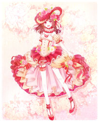  1girl :d bare_shoulders blush blush_stickers brown_hair buttons commentary corset daisy_(flower) detached_sleeves dress dress_flower dress_ribbon dress_ruff earrings floral_background flower footwear_flower frilled_dress frilled_hat frills full_body garter_straps hair_flower hair_ornament hair_ribbon hat hat_flower high-low_dress high_heels highres jewelry lace-trimmed_dress lace-trimmed_thighhighs lace_trim large_hat layered_dress long_dress long_hair looking_at_viewer machi_sakura miracle_nikki neck_ruff nikki_(series) olivia's_dance_(miracle_nikki) pink_background pink_flower pink_rose pleated_dress pleated_skirt puffy_short_sleeves puffy_sleeves red_button red_eyes red_garter_straps red_hat red_shoes ribbon rose shoes short_sleeves skirt smile solo sparkle striped_background striped_clothes striped_thighhighs teeth thigh-highs upper_teeth_only vertical-striped_background vertical-striped_clothes vertical-striped_thighhighs white_corset white_thighhighs 