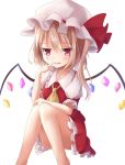  1girl ascot blonde_hair dress flandre_scarlet hand_to_own_mouth hat hat_ribbon looking_at_viewer mob_cap nikkunemu open_mouth pink_eyes puffy_sleeves red_dress ribbon shirt short_sleeves side_ponytail simple_background sitting smile solo touhou white_background wings 