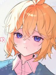  1boy :t antenna_hair basil_(faraway)_(omori) basil_(omori) blonde_hair blue_eyes blush citan_(reci_tan) collared_shirt commentary double-parted_bangs green_sweater_vest hair_between_eyes highres looking_at_viewer male_focus omori portrait_(object) shirt short_hair sidelocks solo sweat sweater_vest untranslatable_commentary white_shirt 