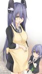  2girls absurdres apron bag blue_eyes checkered_necktie dress_shirt eyepatch hair_ornament highres if_they_mated kantai_collection kudrove long_hair mother_and_daughter multiple_girls open_mouth personification pregnant shirt short_hair skirt smile smirk tenryuu_(kantai_collection) very_long_hair yellow_eyes 