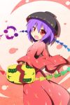  1girl bowl directional_arrow japanese_clothes kimono lavender_hair long_sleeves looking_at_viewer looking_over_shoulder mallet needle obi open_mouth pink_background red_eyes senba_chidori short_hair solo sukuna_shinmyoumaru touhou 