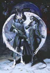  2others absurdres astronaut black_coat boots bullet character_request chinese_commentary claws coat commentary_request dog_tags dr._stone earth_(planet) feathered_wings full_body gloves gun highres holding holding_gun holding_weapon jewelry mrthersh multiple_others necklace necktie pants planet purple_necktie shirt space speech_bubble standing tail upper_body weapon white_boots white_gloves white_wings wings 