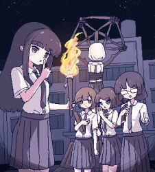  5girls black_hair brown_hair burning_at_the_stake chibikki collared_shirt commentary finger_to_mouth fire glasses grey_eyes grey_necktie grey_skirt highres holding holding_torch human_sacrifice long_hair looking_at_viewer multiple_girls necktie night original outdoors pentagram pixel_art school school_uniform shirt shirt_tucked_in short_hair shushing skirt tied_to_stake torch white_shirt 