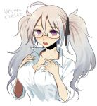  1girl ahoge blush breasts bust cleavage glasses harano large_breasts long_hair open_mouth simple_background solo twintails violet_eyes white_background 