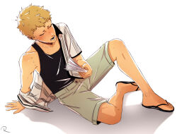  1boy alternate_costume black_tank_top blush brown_hair closed_eyes collarbone commentary english_commentary flip-flops highres hot knee_up male_focus open_mouth persona persona_5 raph_(raphodraws) sakamoto_ryuji sandals shirt shirt_partially_removed short_hair shorts simple_background sitting solo sweat tank_top white_background 