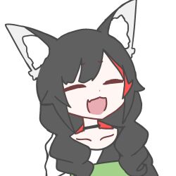  1girl :d ^_^ animal_ear_fluff animal_ears animated animated_gif black_hair black_hoodie closed_eyes commentary curly_hair english_commentary fang hololive hood hoodie korean_commentary laughing long_hair mixed-language_commentary multicolored_hair ookami_mio ookami_mio_(hoodie) red_hoodie red_streaks riri_zpt sidelocks simple_background skin_fang smile solo split-color_clothes streaked_hair two-sided_fabric two-tone_hoodie upper_body virtual_youtuber white_background white_hoodie wolf_ears wolf_girl 