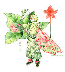  1girl artist_name baggy_pants embroidery fairy fairy_wings full_body green_hair green_hoodie holding holding_paintbrush hood hood_down hoodie leaf maruti_bitamin mini_person original paintbrush painting_(action) painting_(medium) pants parted_bangs profile red_eyes shoes short_hair signature sneakers solo traditional_media watercolor_(medium) white_background wings 