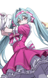  1girl absurdres aqua_hair blush bow_hairband commentary_request cowboy_shot dress frills gabang gloves hair_between_eyes hairband hatsune_miku highres holding holding_wand ima_sugu_rinne_(vocaloid) long_hair looking_at_viewer multicolored_dress multicolored_hairband pink_dress pink_eyes pink_hairband simple_background solo star-shaped_pupils star_(symbol) star_wand symbol-shaped_pupils twintails two-tone_dress two-tone_hairband vocaloid wand white_background white_dress white_gloves white_hairband 