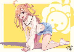  1girl ahoge all_fours bag birthday border collarbone commentary full_body hair_ornament hair_scrunchie highres ikizulive!_love_live!_bluebird long_hair looking_at_viewer love_live! macken666 one_side_up orange_eyes orange_hair pink_scrunchie scrunchie short_shorts shorts shoulder_bag solo takahashi_polka yellow_background yellow_border 