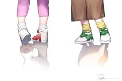  1boy 1girl brown_pants different_reflection digimon digimon_(creature) digimon_adventure feet_only footwear_focus from_behind green_shoes pants patamon pawpads pink_pants red_shoes reflection reflective_floor ribbed_socks ryota_(ry_o_ta) shoes signature sneakers socks standing tailmon takaishi_takeru white_background white_socks yagami_hikari yellow_socks 
