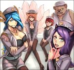  ahri alternate_costume animal_ears annie_hastur aqua_hair bear blonde_hair blue_eyes blue_hair breasts cleavage facial_mark fox_ears fox_tail green_eyes heart large_breasts league_of_legends multiple_girls multiple_tails open_mouth pink_hair short_hair smile sona_buvelle stuffed_animal stuffed_toy tail tibbers twintails whisker_markings yellow_eyes 
