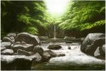  forest landscape maco_(macoillust) nature no_humans original realistic river rock scenery torii tree water waterfall 