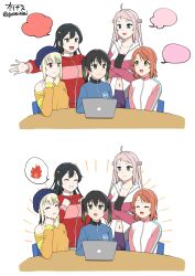  blue_hat commentary_request crossed_arms hat highres jacket love_live! love_live!_nijigasaki_high_school_idol_club miyashita_ai multicolored_jacket nijigasaki_track_jacket ohrinas red_jacket smile takasaki_yu track_jacket turtleneck turtleneck_jacket uehara_ayumu yuki_setsuna zhong_lanzhu 