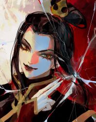  1girl armor avatar:_the_last_airbender avatar_legends azula black_hair broken_glass broken_screen commentary glass hair_bun hair_ornament hand_up highres light_smile long_sleeves looking_at_viewer mivvv red_lips single_hair_bun smile solo yellow_eyes 