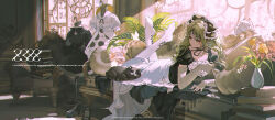1girl absurdres black_cat black_ribbon blonde_hair blush cat classic_lolita closed_mouth clothes_hanger collarbone commentary couch cross-laced_clothes cup frilled_headwear gloves high_heels highres holding holding_cup indoors lolita_fashion lying no_shoes on_couch on_stomach original pantyhose ribbon soles untranslatable_commentary vase watermark white_pantyhose yellow_eyes z3zz4