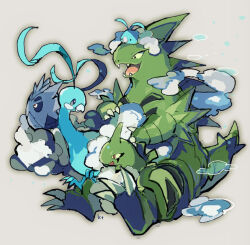  altaria closed_mouth clouds commentary_request grey_background kantarou_(8kan) larvitar no_humans pokemon pupitar sitting swablu tyranitar 