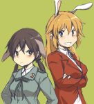  2girls animal_ears blue_eyes blush breasts brown_eyes brown_hair charlotte_e_yeager gertrud_barkhorn kirisawa_juuzou long_hair military military_uniform multiple_girls orange_hair rabbit_ears strike_witches twintails uniform 