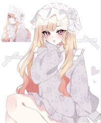  1girl blonde_hair bow collared_dress dress grey_bow grey_dress hand_on_own_cheek hand_on_own_face highres kitagawa_marin light_blush long_hair long_sleeves looking_at_viewer miovartz official_alternate_costume official_art_inset parted_lips pink_hair puffy_long_sleeves puffy_sleeves reference_inset short_dress sitting sleeves_past_wrists solo sono_bisque_doll_wa_koi_wo_suru upper_body veil white_background white_headdress white_veil 