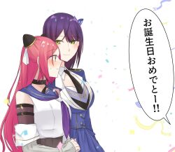  2girls arm_belt assault_lily bare_shoulders belt belt_buckle black_belt black_choker black_necktie blue_jacket blue_sailor_collar blue_skirt blush braid breasts buckle butterfly_hair_ornament choker closed_mouth commentary confetti crop_top detached_collar detached_sleeves from_side funada_kiito green_eyes grey_shirt hair_ornament hairpods happy_birthday highres jacket large_breasts long_hair long_sleeves looking_ahead looking_at_another looking_to_the_side mole mole_under_eye multiple_girls neckerchief necktie nigari_(ngari_0115) o-ring o-ring_choker odaiba_girls_high_school_uniform open_mouth parted_bangs profile purple_hair purple_neckerchief red_hair sailor_collar school_uniform serafuku shiba_tomoshibi shirt side-by-side simple_background skirt sleeveless sleeveless_shirt sleeves_past_wrists smile speech_bubble streamers sweatdrop translated undershirt upper_body very_long_hair white_background white_shirt wide-eyed 