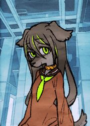  1girl 2017 animated animated_gif collar detachable_head eyelashes flat_chest furry green_eyes headless idkuroi long_hair looking_at_viewer lowres portrait solo standing 