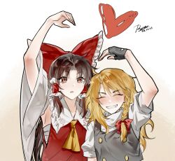  2girls aihara-rina ascot black_gloves black_vest blonde_hair blush bow braid brown_eyes brown_hair closed_eyes commentary_request dated detached_sleeves facing_viewer fingerless_gloves frilled_bow frilled_hair_tubes frills gloves grin hair_bow hair_tubes hakurei_reimu heart heart_arms heart_arms_duo highres kirisame_marisa long_hair looking_at_viewer missing_headwear multiple_girls puffy_short_sleeves puffy_sleeves red_bow short_sleeves side_braid signature single_braid smile touhou vest yellow_ascot yuri 
