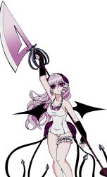  1girl absurdres breasts drill_hair fingerless_gloves glaive_(polearm) gloves goggles goggles_around_neck headphones highres long_hair magical_girl mahou_shoujo_ikusei_keikaku mahou_shoujo_ikusei_keikaku_unmarked old_school_swimsuit one-piece_swimsuit pink_eyes pink_hair polearm rmhuyjvfltrhyfq school_swimsuit solo swim_swim swimsuit violet_eyes weapon white_one-piece_swimsuit wings 