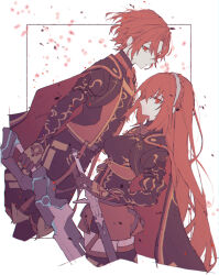 1boy 1girl amamorimori black_cape black_pants black_shirt breasts cape closed_mouth commentary_request dark_persona dual_persona expressionless female_alear_(fell_child)_(fire_emblem) female_alear_(fire_emblem) fire_emblem fire_emblem_engage from_side hairband holding holding_sword holding_weapon large_breasts long_hair long_sleeves looking_at_viewer male_alear_(fell_child)_(fire_emblem) male_alear_(fire_emblem) pants red_cape red_eyes red_hair red_skirt shirt short_hair skirt sword two-tone_cape very_long_hair weapon 