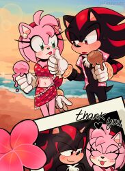  1boy 1girl :p amy_rose beach cookies114s ear_piercing eyelashes flower food gloves green_eyes highres ice_cream midriff piercing red_eyes shadow_the_hedgehog sonic_(series) swimsuit thank_you tongue tongue_out 