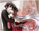  1boy 1girl doily dress floral_background formal gosick gown green_eyes hair_between_eyes hairband hand_on_hat hara_sae hat holding hug kujou_kazuya lolita_hairband long_hair looking_away older open_mouth red_dress silver_hair spoilers suit very_long_hair victorica_de_blois wide_sleeves 