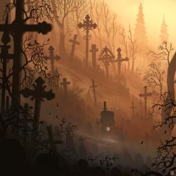  1other ambiguous_gender bare_tree cane commentary cross english_commentary fog forest graveyard hat highres holding holding_cane horror_(theme) monochrome nature orange_theme original outdoors people scenery silhouette standing tombstone top_hat tree waltjan wide_shot 