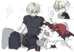  ... 1boy ahoge alyosha_(genshin_impact) animal animal_ear_fluff animal_ears animal_nose artist_name belt black_belt black_fur black_gloves black_pants black_shirt blush closed_eyes closed_mouth couch covered_collarbone crossed_bangs dog dog_ears dog_tail earmuffs english_commentary feet_out_of_frame freckles genshin_impact gloves green_hair hair_between_eyes hand_on_own_knee hand_up highres husky male_focus multiple_views oliengyoklor on_couch pants pet red_ribbon ribbon shirt short_hair short_sleeves simple_background sitting sleeping smile speech_bubble spoken_ellipsis spread_legs tail thigh_strap tongue tongue_out turtleneck turtleneck_shirt two-tone_fur white_background white_fur zzz 