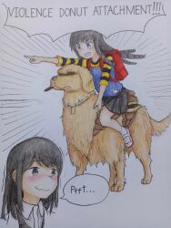  ! !! ... 2girls :d aged_down ankle_socks anti-art_attachment backpack bag black_hair black_skirt black_sleeves blue_eyes blush child cigar closed_mouth collared_shirt commentary dog emphasis_lines english_commentary english_text full_body golden_retriever graphite_(medium) grey_eyes highres kihara_noukan kihara_yuiitsu kumokawa_maria light_blush long_hair long_sidelocks medium_hair miniskirt multiple_girls open_mouth orange_sleeves outstretched_arm pleated_skirt pointing randoseru red_bag riding riding_animal ringlets shaded_face shirt shoes sidelocks sitting skirt smile socks speech_bubble standing striped_sleeves talking tatararashi three-quarter_sleeves toaru_majutsu_no_index toaru_majutsu_no_index:_new_testament traditional_media trembling two-tone_sleeves unconventional_steed v-shaped_eyebrows white_background white_shirt white_shoes white_socks 