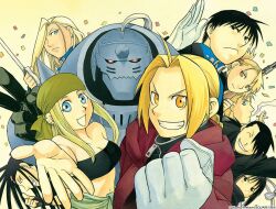  4girls 6+boys alphonse_elric amestris_military_uniform arakawa_hiromu armor artist_name bandana bandeau barbell_piercing bare_shoulders black_bandeau black_hair black_jacket blonde_hair blue_coat blue_eyes breasts cigarette closed_eyes coat company_name confetti creator_name ear_piercing edward_elric english_text envy_(fma) folded_ponytail fullmetal_alchemist gloves greed_(fma) green_bandana grin hair_over_one_eye industrial_piercing jacket jean_havoc lan_fan ling_yao living_armor long_hair looking_at_another looking_at_viewer medium_breasts midriff multiple_boys multiple_girls olivier_mira_armstrong open_mouth outstretched_arm piercing plume ponytail riza_hawkeye roy_mustang smile smoke smoking spiked_armor spiked_helmet spikes upper_body white_gloves yellow_background 