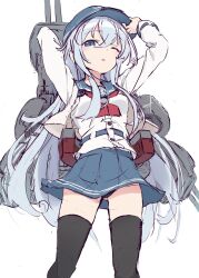  1girl black_thighhighs blue_hat blue_sailor_collar blue_skirt commentary_request feet_out_of_frame flat_cap hat hibiki_(kancolle) highres kantai_collection minosu multiple_views neckerchief one_eye_closed original_remodel_(kantai_collection) pleated_skirt red_neckerchief rigging sailor_collar skirt thigh-highs 