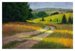  alain_mogena art_study artist_name blue_sky border commentary day dirt_road english_commentary faux_traditional_media grass highres hill horns landscape meadow nature no_humans original outdoors painterly road scenery sky tree white_border 