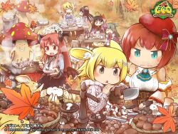  6+girls ^_^ ahoge animal_ears artist_name avatar_(eco) balance_scale beret black_bow black_bowtie black_hair black_horns black_skirt black_wings blonde_hair bow bowtie brown_corset closed_eyes company_name cooking copyright_logo copyright_notice corset creature detached_sleeves emil_chronicle_online fingerless_gloves fork gloves green_eyes green_hair grey_eyes hair_ribbon halo hat hat_bow hat_ribbon holding holding_fork holding_knife holding_tray horns jacket kiyohime_lore knife le_fay_lore leaf logo maple_leaf matanga_alma mitama_ruri mouse_(animal) mouse_ears mouse_girl multiple_girls mushroom nobuyoshi-zamurai official_art one_eye_closed open_mouth red_bow red_eyes red_hair ribbon sandrat_alma shabotan_alma shirt skirt sleeveless sleeveless_shirt smile spatula sweatdrop tray two_side_up v-shaped_eyebrows weighing_scale white_halo white_jacket white_ribbon white_shirt white_sleeves wings 