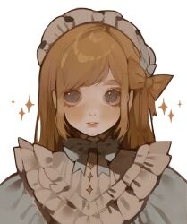  1girl blush bow bowtie brown_bow brown_hair buttons collared_dress commentary dress frilled_hairband frills grey_bow grey_bowtie grey_eyes hair_bow hairband highres lips littlebluemuffin lolita_hairband long_hair original parted_lips sparkle straight_hair untranslatable_commentary upper_body white_background 