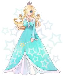  1girl aqua_dress bare_shoulders blonde_hair blue_eyes blush collarbone commentary crown dress earrings eyelashes full_body grey_crown hair_over_one_eye holding holding_wand jewelry long_dress long_hair long_sleeves rosalina solo star_(symbol) star_wand super_mario_bros. transparent_background tsaianda wand 