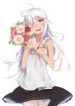  bouquet flower hair_over_one_eye hitoshi_(pixiv3340857) long_hair original pointy_ears ribbon skirt standing violet_eyes white_hair 