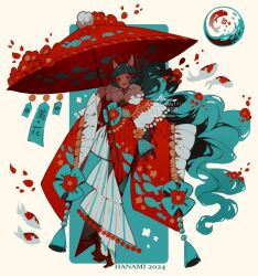  1girl 2024 animal_ears blue_hair falling_petals fish floating_hair flower frilled_kimono frilled_sleeves frills fur_collar geta hair_flower hair_ornament highres holding holding_umbrella japanese_clothes kimono koi layered_kimono layered_sleeves littlebluemuffin long_hair long_sleeves oil-paper_umbrella open_mouth original petals pom_pom_(clothes) ponytail red_flower red_kimono red_petals red_umbrella side_ponytail sleeves_past_fingers sleeves_past_wrists smile tassel umbrella very_long_hair watermark white_background wide_sleeves 