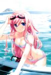  1girl absurdres arm_support bikini blue_eyes breasts cleavage collarbone floral_print goggles goggles_on_head highres kasukabe_akira leaning_forward long_hair navel pink_hair poolside print_bikini sakura_nanako sakura_sakura scan smile solo sparkle strap_slip swimsuit wading wet 