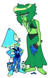  2girls alien alternate_color blonde_hair blue_facepaint bucket colored_skin discount-supervillain face_shield facepaint forehead_jewel full_body gem gem_(steven_universe) green_hair green_skin highres homeworld_gem_uniform lapis_lazuli_(steven_universe) leotard multiple_girls paint peridot_(steven_universe) rebecca_sugar_(style) short_hair simple_background smile steven_universe transparent_background triangle-shaped_hair 