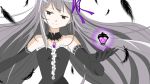  1girl akemi_homura akuma_homura black_eyes dress feather gloves grey_hair highres mahou_shoujo_madoka_magica ribbon smile solo spoilers 