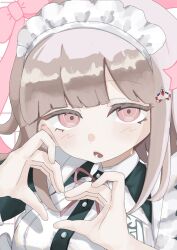  1girl :o black_dress blush brown_hair collared_dress commentary danganronpa_(series) danganronpa_2:_goodbye_despair dress hair_ornament heart heart_hands highres looking_at_viewer lower_teeth_only maid maid_headdress medium_hair myo_30321 nanami_chiaki pink_eyes solo teeth tongue untranslatable_commentary white_dress 