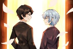  1boy 1girl absurdres angela_(project_moon) black_eyes black_hair black_jacket black_suit blue_coat blue_hair coat commentary english_commentary highres hirayacreates jacket library_of_ruina looking_at_another project_moon roland_(project_moon) smile suit yellow_eyes 
