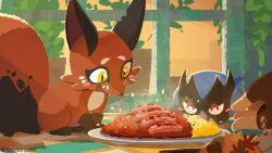  absurdres blush_stickers brown_eyes brown_fur commentary english_commentary food highres licking_lips nickit plate pokemon pokemon_(creature) rookidee sausage squid2corn tail tongue tongue_out 