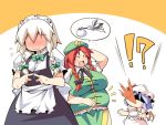  !? bat_wings beret bird blue_hair blush braid breasts cup fingers hands_on_head hat hong_meiling izayoi_sakuya large_breasts long_hair maid maid_apron maid_headdress multiple_girls open_mouth plump pregnant remilia_scarlet short_hair silver_hair smile star stork sweat sweatdrop teacup touhou twin_braids ushi wavy_mouth wings 