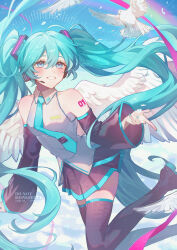  1girl absurdres bare_shoulders bird black_boots black_skirt black_sleeves blue_eyes blue_hair blue_nails blue_necktie blue_sky blush boots breasts collared_shirt commentary_request day detached_sleeves double-parted_bangs dove foot_out_of_frame grey_shirt grin hair_between_eyes hatsune_miku highres long_hair long_sleeves miniskirt miviy19 nail_polish necktie outdoors pleated_skirt rainbow shirt skirt sky sleeveless sleeveless_shirt small_breasts smile solo thigh_boots tie_clip twintails very_long_hair vocaloid watermark wide_sleeves zettai_ryouiki 